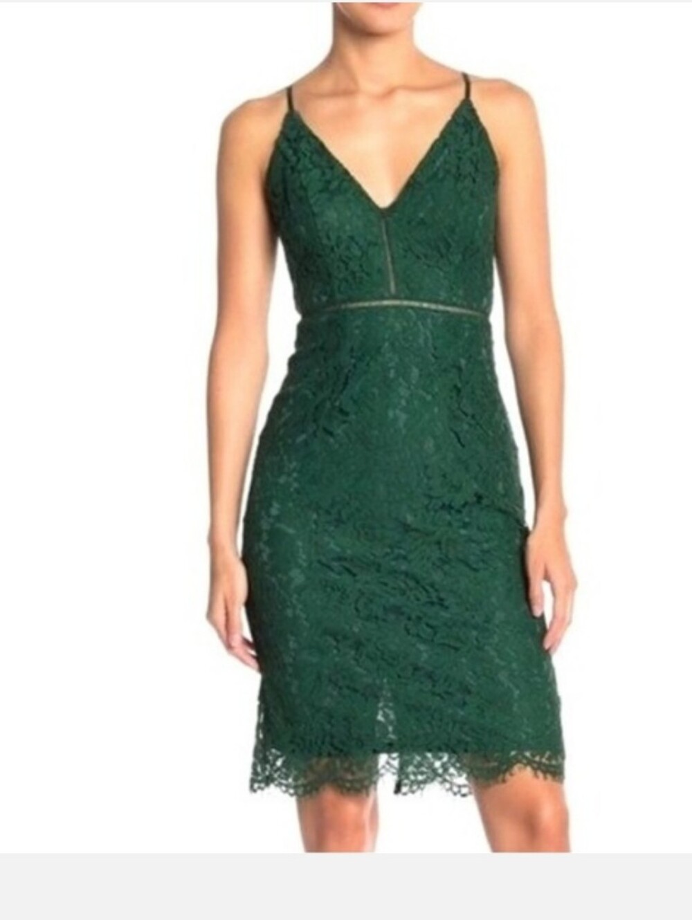 ASTR the Label Green Lace V-Neck Mini Sheath Dress.